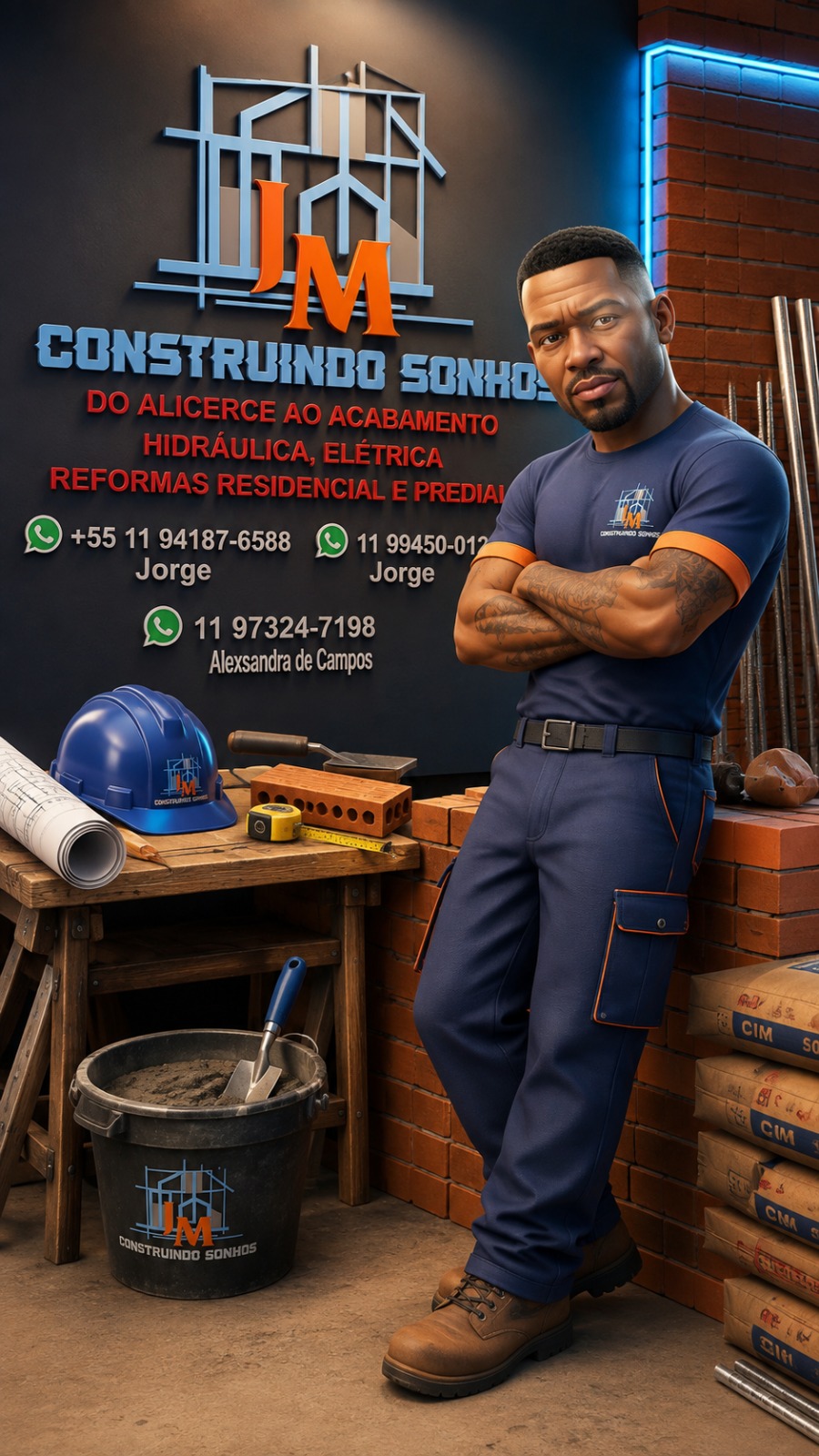 Jorge com a logo JM Construindo Sonhos e os contatos de WhatsApp da equipe